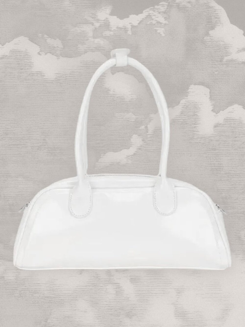 8 OTHER REASONS Patent Faux Leather Bowler Bag White Silver East West Revolve